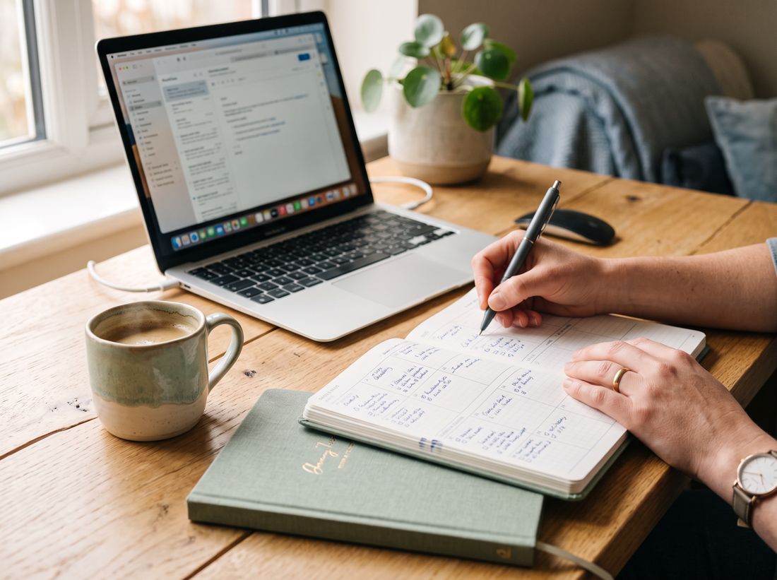 Hands writing in a planner beside a laptop