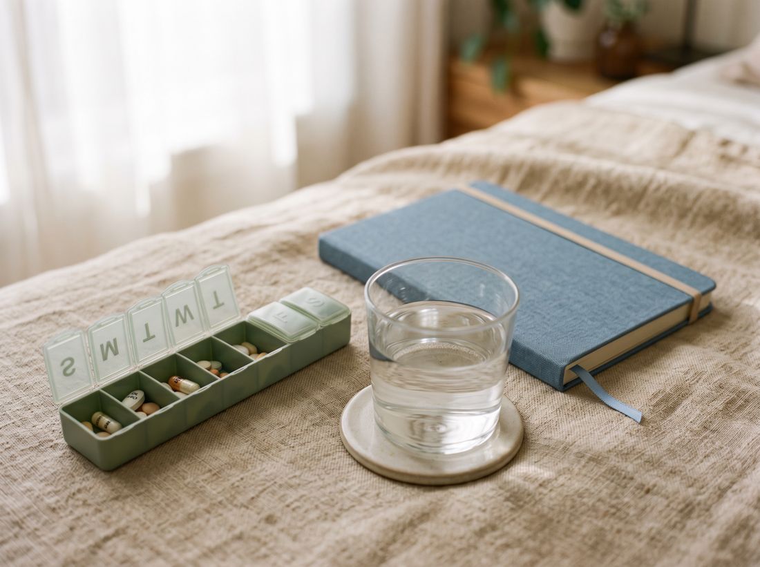 Weekly pill organizer, glass of water and notebook