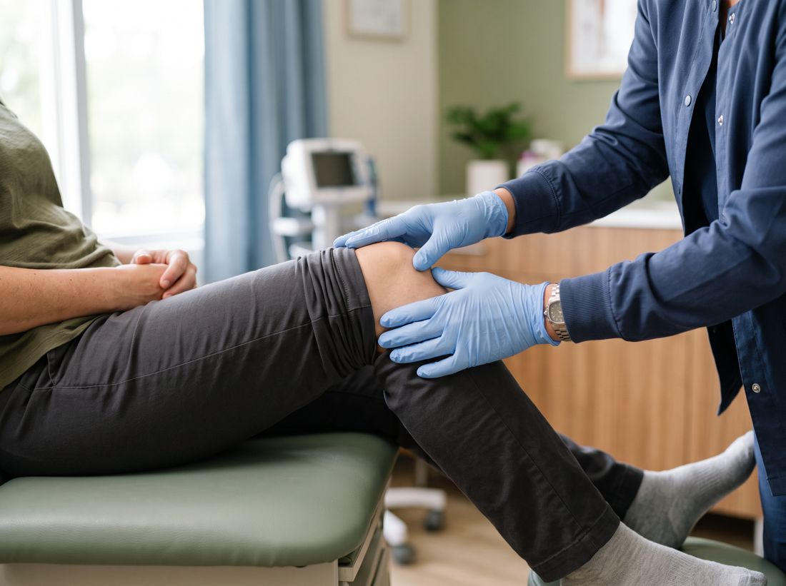 Clinician examining a patient's knee joint