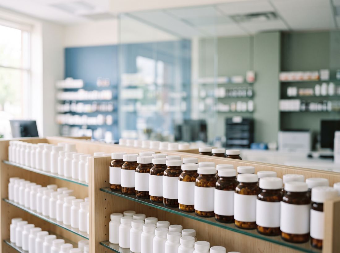 Organized pharmacy shelves with medication bottles