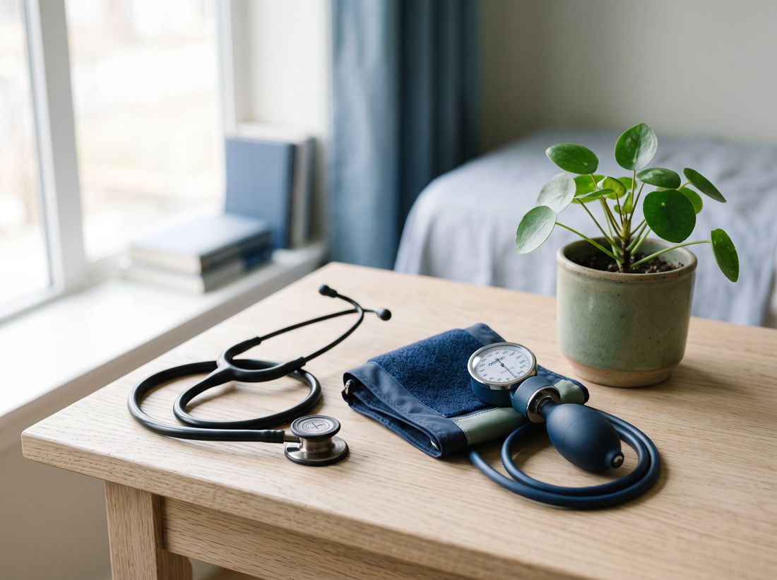 Stethoscope and blood pressure cuff on a wooden desk