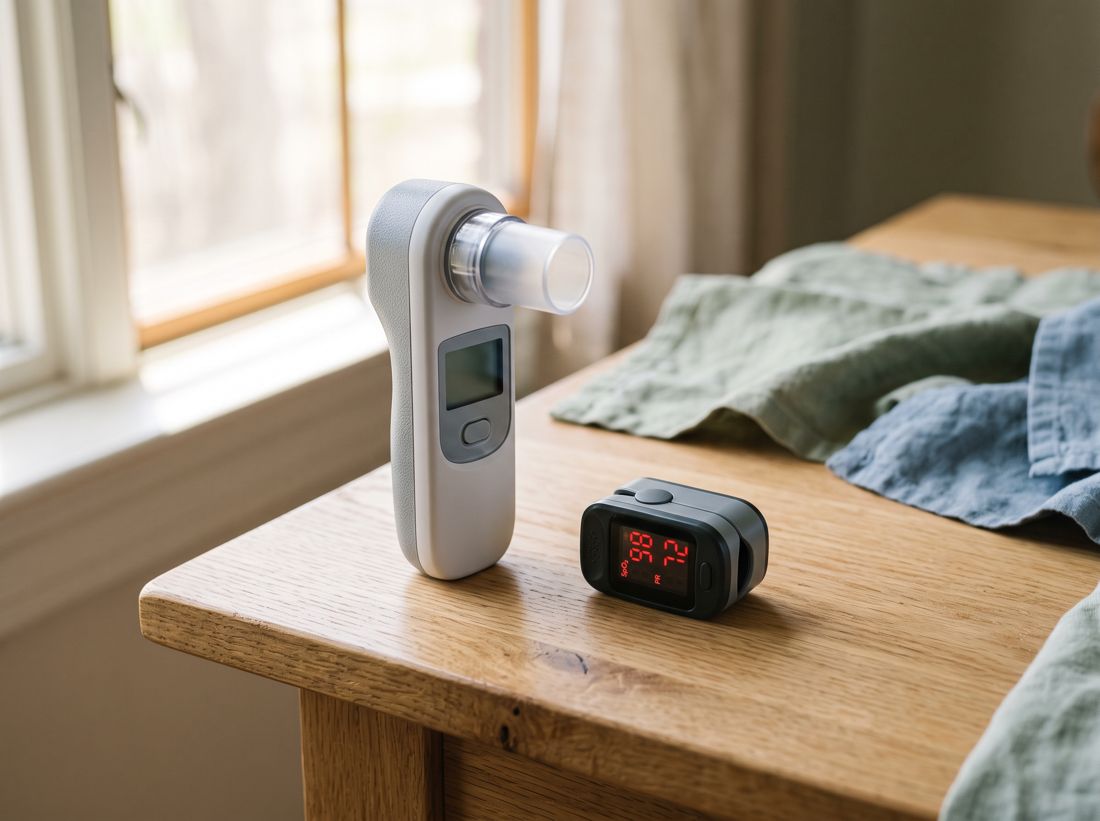 Spirometer and pulse oximeter on a wooden table