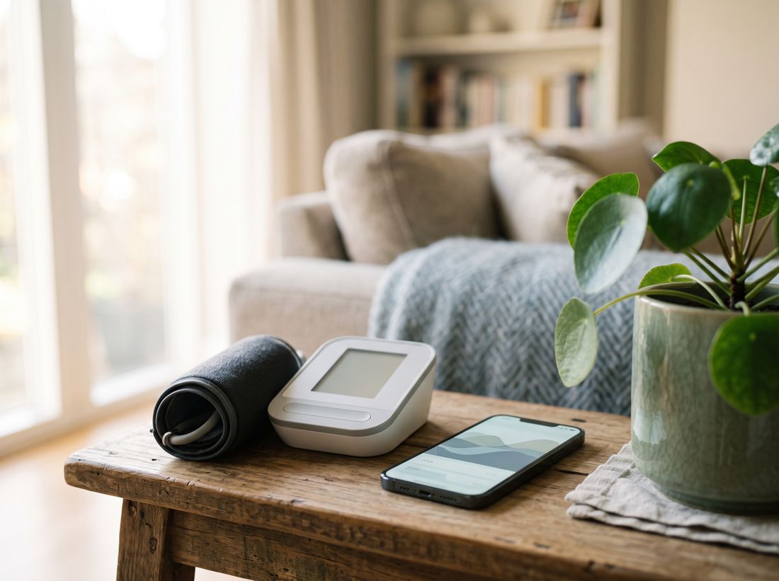 Home blood pressure monitor and smartphone on a side table