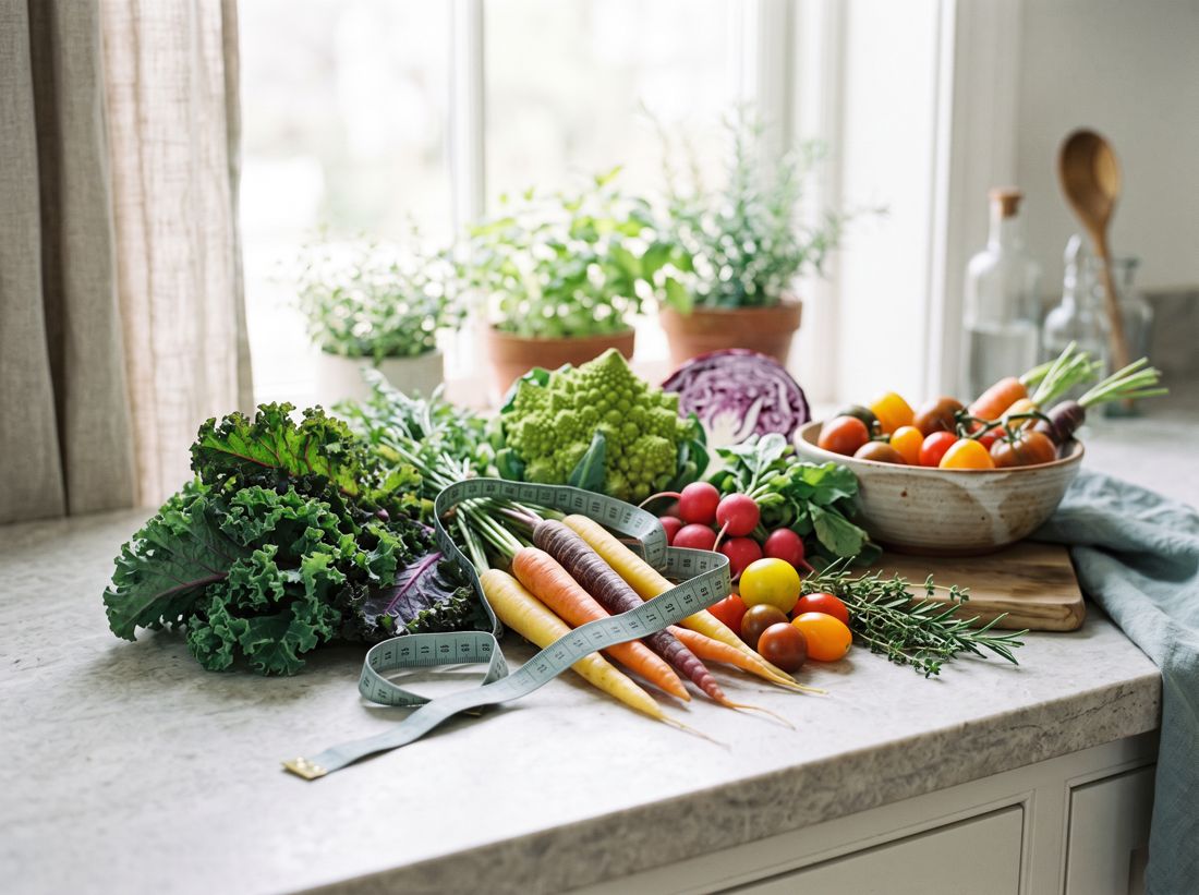 Fresh vegetables and a tape measure on a kitchen counter