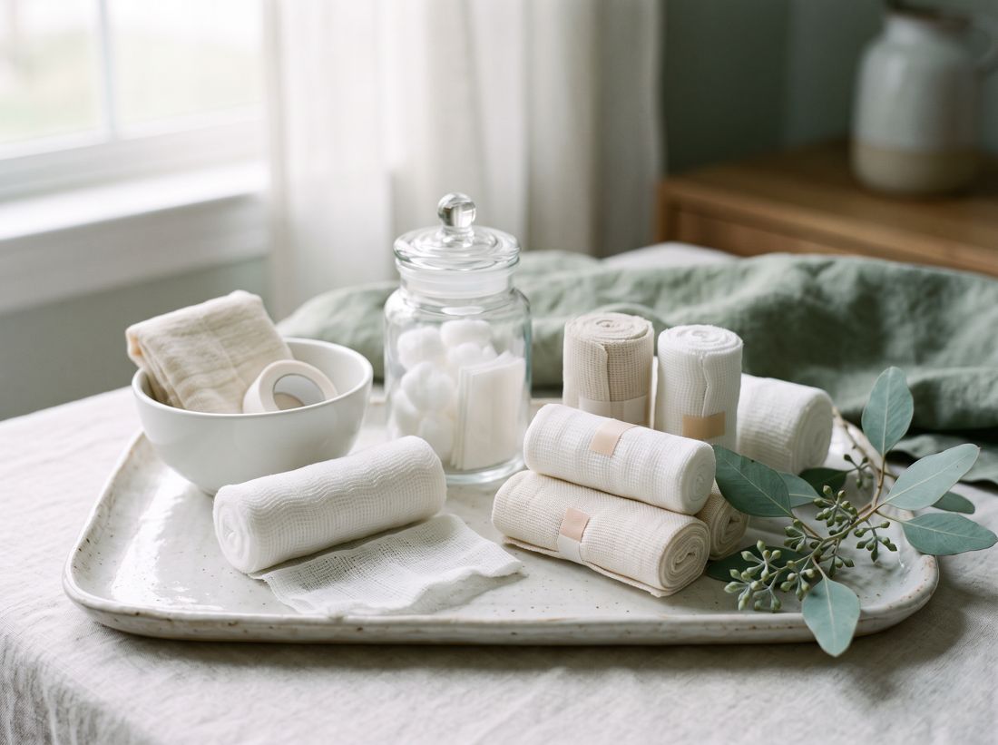 Sterile gauze and bandages on a tray